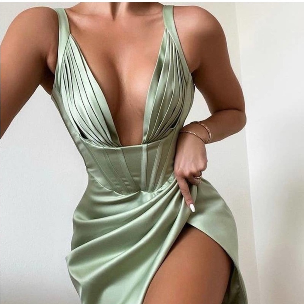 House of CB Sage Green Satin Midi Dress